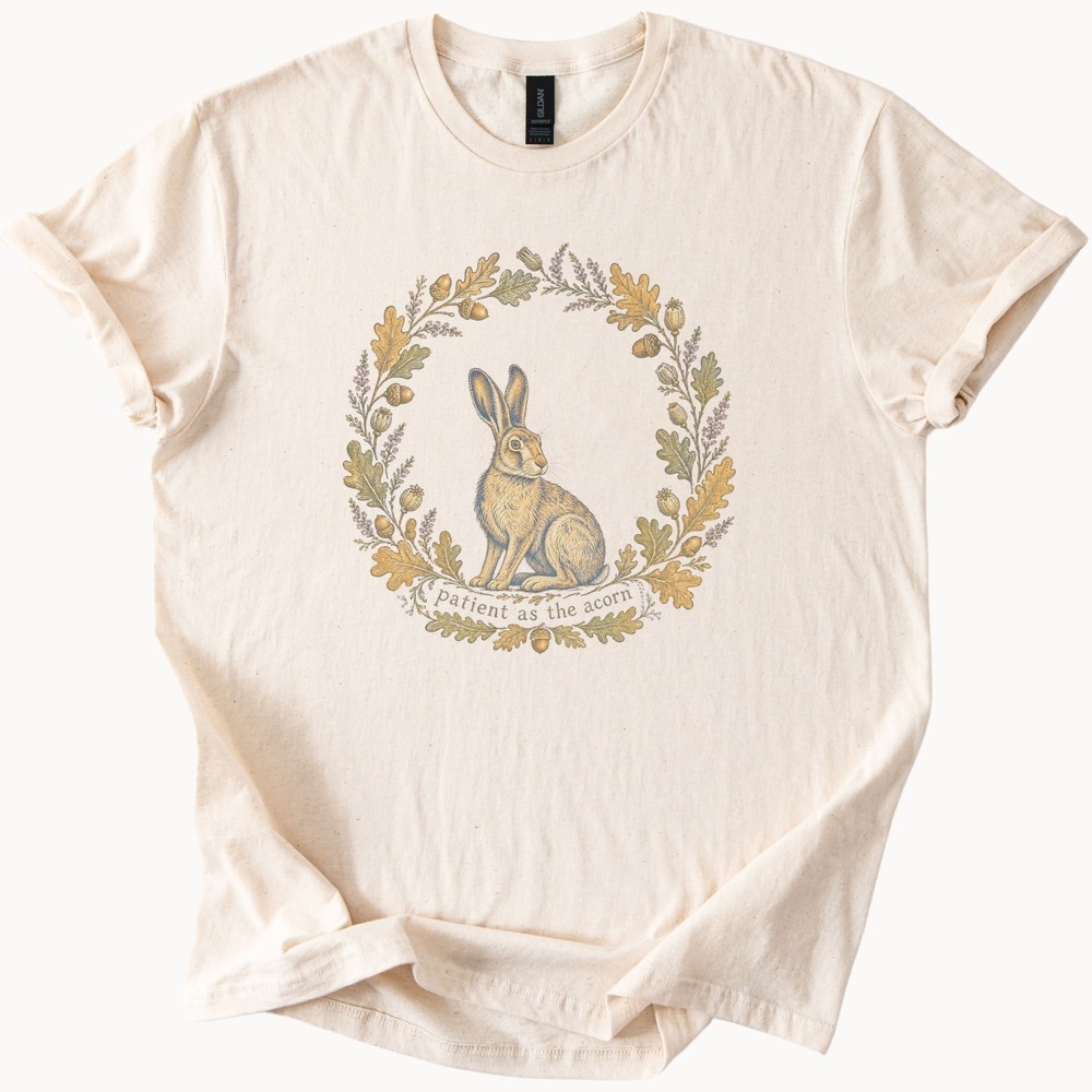 Patient as the Acorn Hare in Autumn Oak Wreath Tee